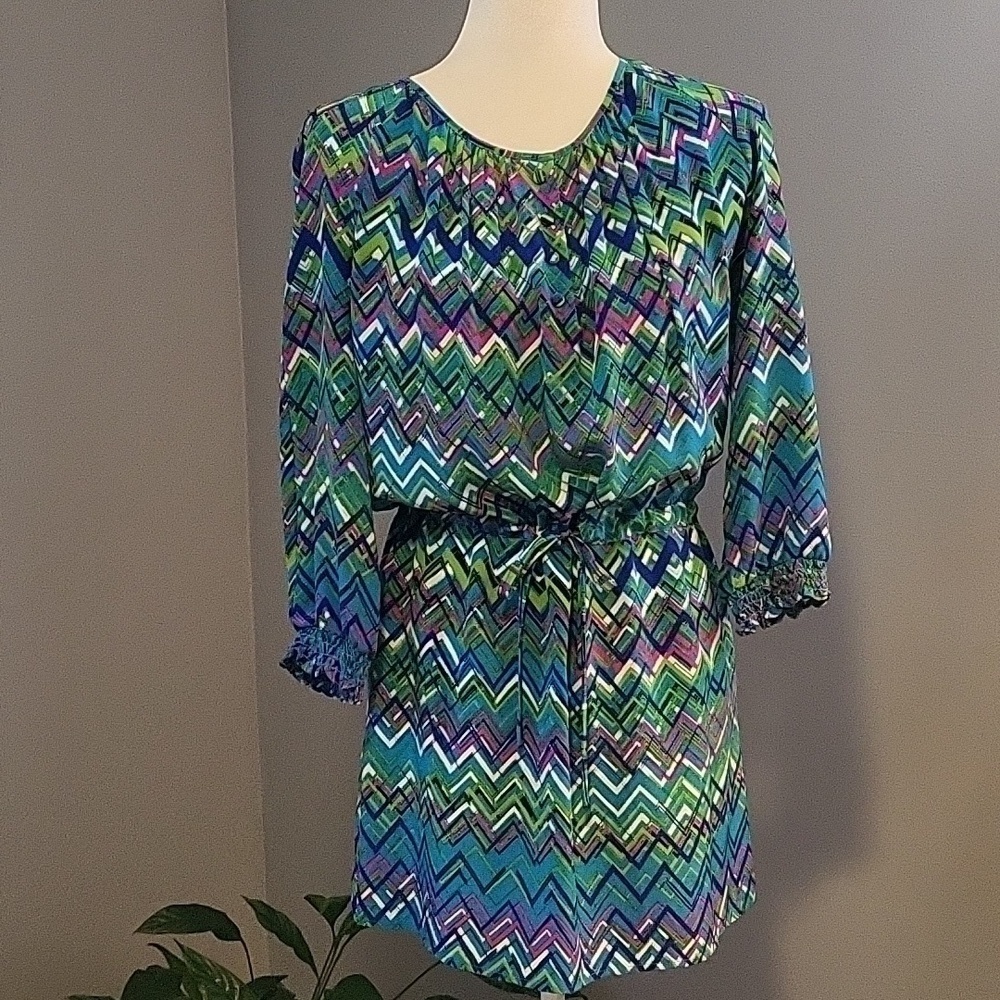 Amanda Uprichard Silk Chevron Print Tie Waist 3/4 Sleeve Dress  Size See Comment